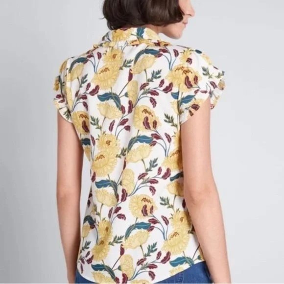Modcloth Top S Yellow Floral Print Ruffle Retro - Picture 2 of 11